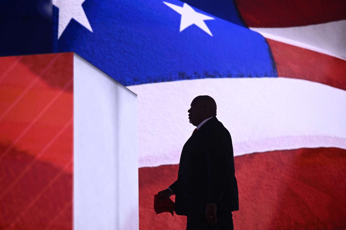 Lt. Gov. of North Carolina Mark Robinson arrives to speak during the first day of the 2024 Republican National Convention at the Fiserv Forum in Milwaukee, Wisconsin, on July 15, 2024.