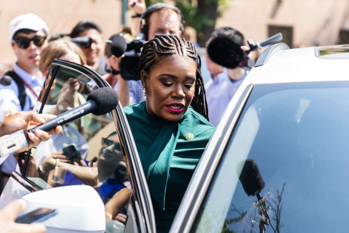 Rep. Cori Bush leaves a meeting of the House Democratic Caucus about the candidacy of President Joe Biden at the Democratic National Committee on July 9, 2024.