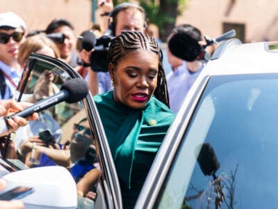 Rep. Cori Bush leaves a meeting of the House Democratic Caucus about the candidacy of President Joe Biden at the Democratic National Committee on July 9, 2024.