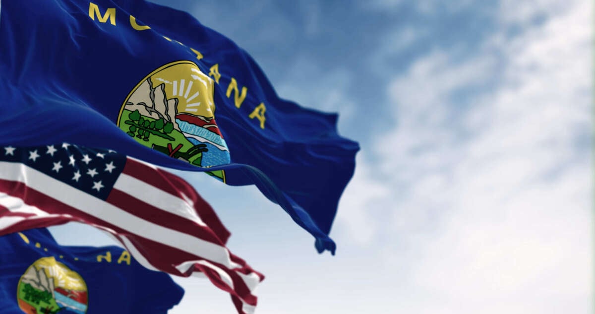 Montana state flags and USA flag billowing over blue sky