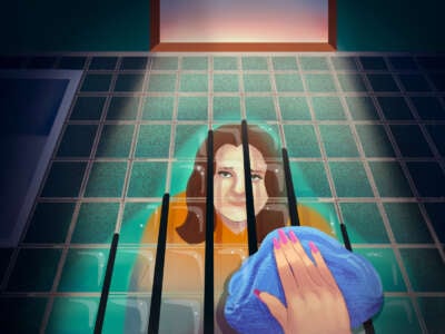 Illustration of prisoner's point of view as they wash tile and see themselves reflected behind bars