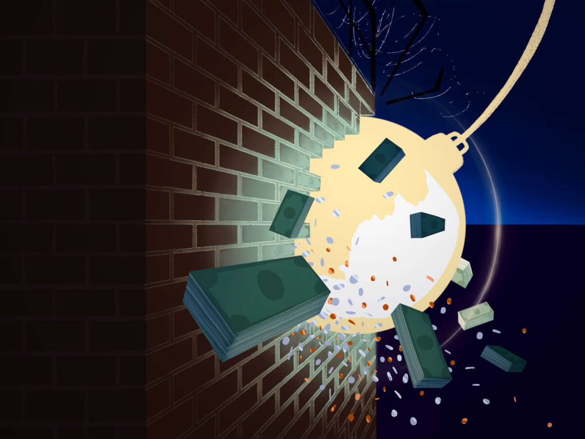 A glowing, golden wrecking ball with a highlight in the shape of the state of Illinois smashes into a brick prison wall, releasing the money entrapped within as it does so.