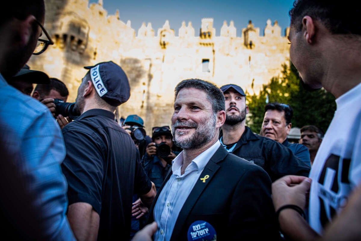 Israeli Minister of Finance Bezalel Smotrich is pictured outside Damascus gate in Jerusalem on June 5, 2024.