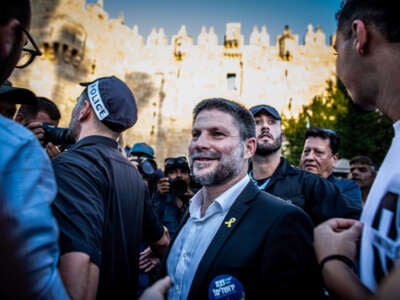 Israeli Minister of Finance Bezalel Smotrich is pictured outside Damascus gate in Jerusalem on June 5, 2024.