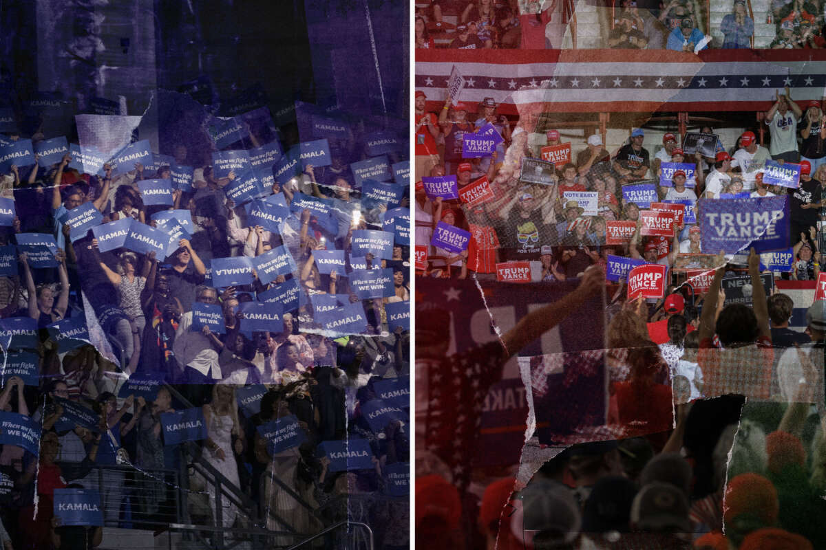 Supporters for Vice President Kamala Harris are pictured at a campaign event in Atlanta, Georgia, on July 30, 2024, on the left; supporters for former President Donald Trump are seen at a campaign event in Harrisburg, Pennsylvania, on July 31, 2024, on the right.