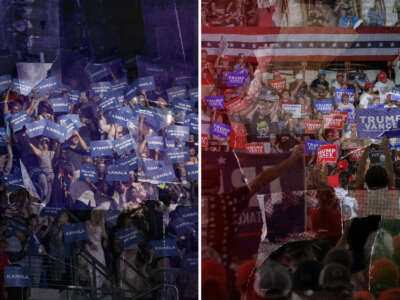 Supporters for Vice President Kamala Harris are pictured at a campaign event in Atlanta, Georgia, on July 30, 2024, on the left; supporters for former President Donald Trump are seen at a campaign event in Harrisburg, Pennsylvania, on July 31, 2024, on the right.