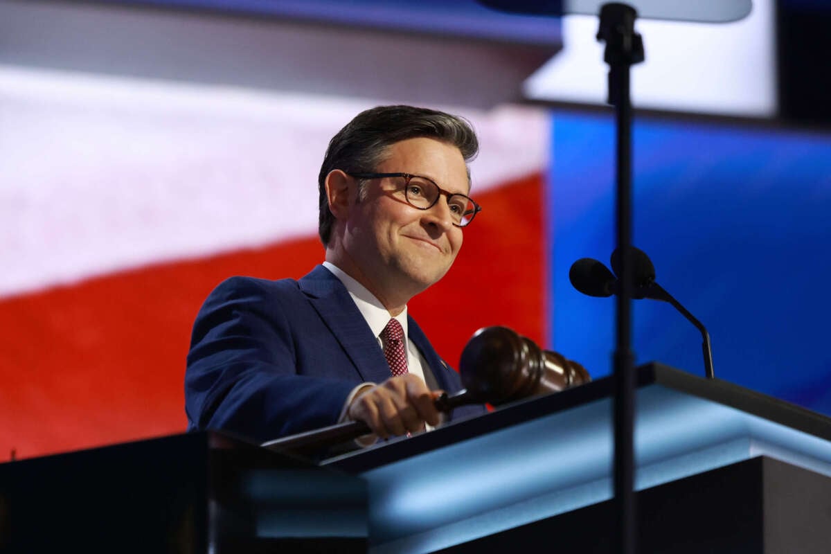 Speaker of the House Mike Johnson speaks on the first day of the Republican National Convention at the Fiserv Forum on July 15, 2024, in Milwaukee, Wisconsin.