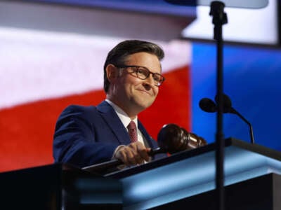 Speaker of the House Mike Johnson speaks on the first day of the Republican National Convention at the Fiserv Forum on July 15, 2024, in Milwaukee, Wisconsin.