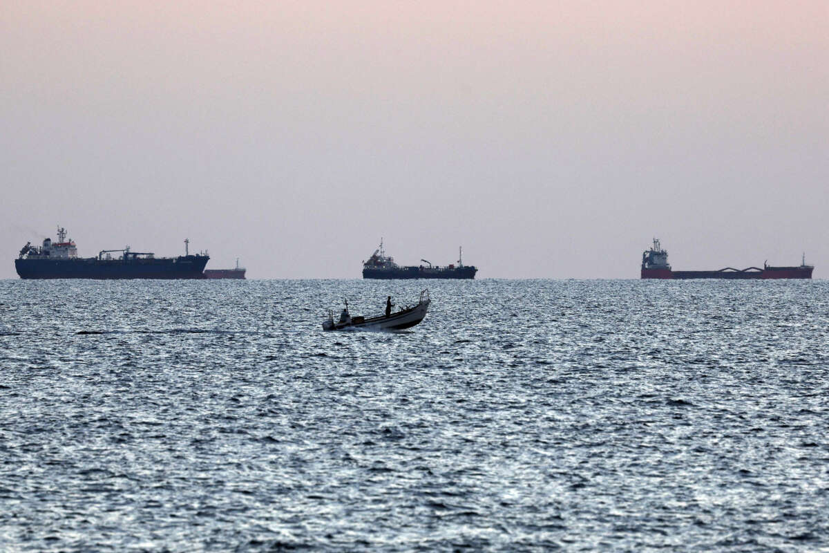 Cargo and tanker shipping vessels sail in the Mediterranean sea waters off the coast of Israel's northern city of Acre (also known as Akko) on November 3, 2023.