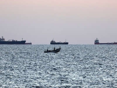 Cargo and tanker shipping vessels sail in the Mediterranean sea waters off the coast of Israel's northern city of Acre (also known as Akko) on November 3, 2023.