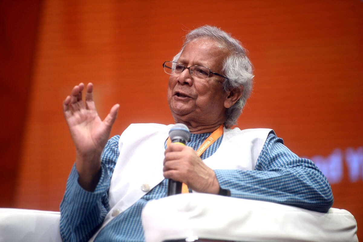 Nobel Peace Prize laureate Muhammad Yunus attends the Trento Economy Festival at Social Theater on June 3, 2022, in Trento, Italy.