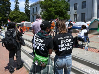 Former Google employees speak about Google's Project Nimbus as pro-Palestine UC Berkeley students set up an encampment at Sproul Hall to demand an end to the war on Gaza and divestment from Israel, in Berkeley, California, on April 25, 2024.