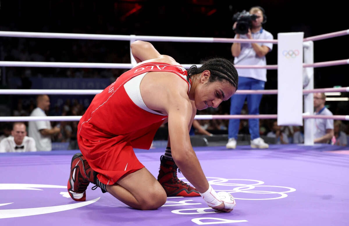 Imane Khelif of Team Algeria celebrates victory against Anna Luca Hámori of Team Hungary after the Women's 66kg quarter-final round match on day eight of the Olympic Games at North Paris Arena on August 3, 2024, in Paris, France.