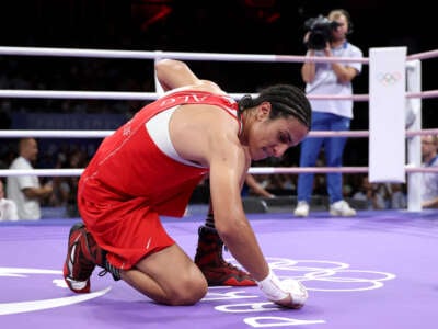 Imane Khelif of Team Algeria celebrates victory against Anna Luca Hámori of Team Hungary after the Women's 66kg quarter-final round match on day eight of the Olympic Games at North Paris Arena on August 3, 2024, in Paris, France.