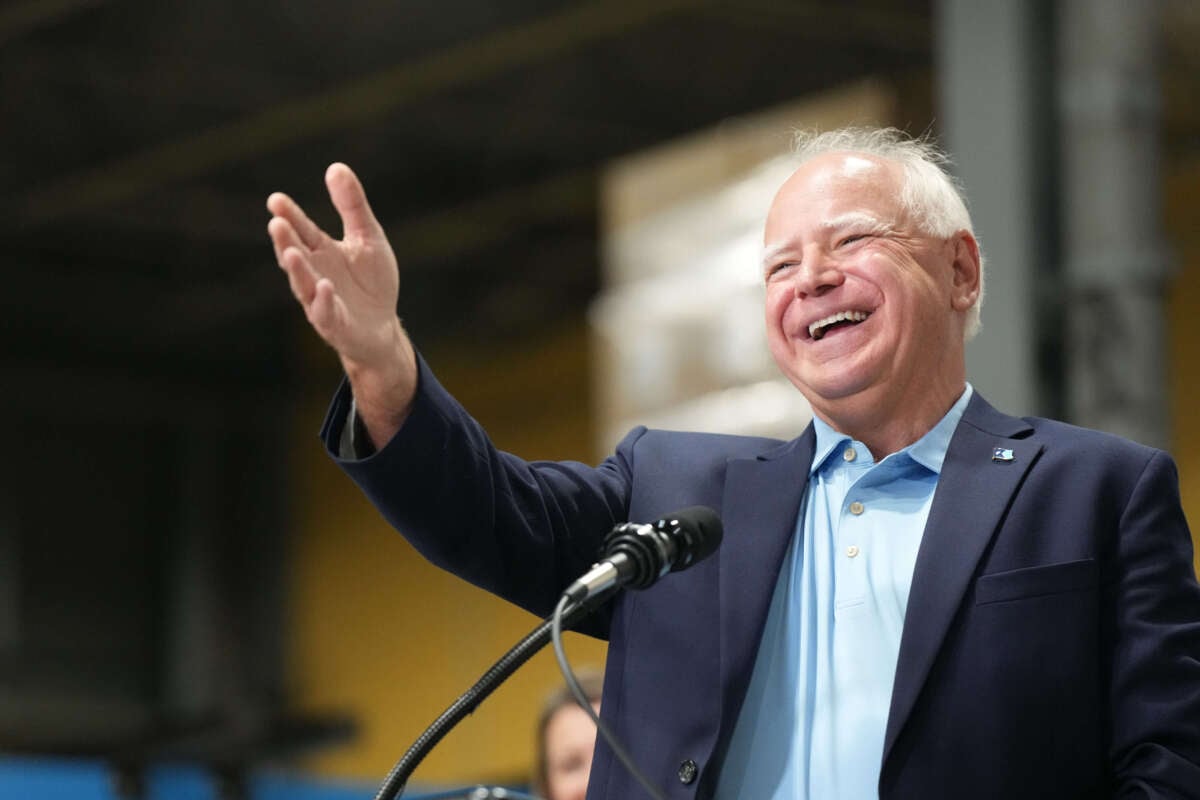 Minnesota Gov. Tim Walz takes questions on July 23, 2024, in New Hope, Minnesota.