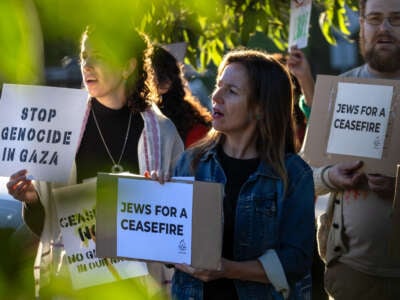 The advocacy group IfNotNow holds a protest on October 19, 2023, outside the Los Angeles home of Vice President Kamala Harris.