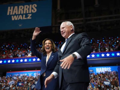 Democratic presidential candidate Vice President Kamala Harris and Democratic vice presidential candidate Minnesota Gov. Tim Walz appear on stage together during a campaign event at Girard College on August 6, 2024, in Philadelphia, Pennsylvania.