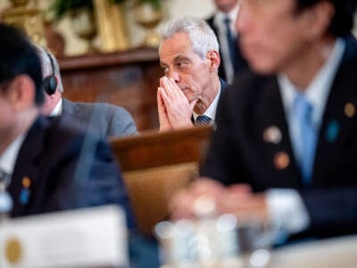 U.S. Ambassador to Japan Rahm Emanuel attends a trilateral meeting with U.S. President Joe Biden, Japanese Prime Minister Fumio Kishida, and Filipino President Ferdinand Marcos in the East Room of the White House on April 11, 2024, in Washington, D.C.