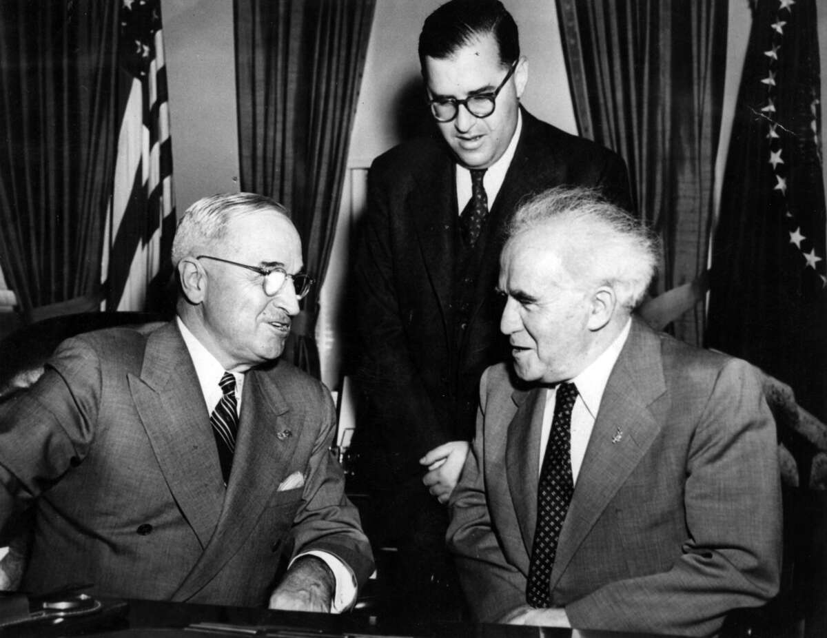 Prime Minister of Israel Ben Gurion, accompanied by Abba Eban, meeting the President of the United States, Harry Truman, at the White House.