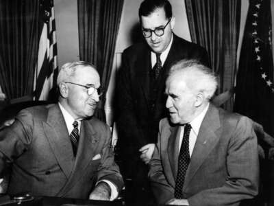 Prime Minister of Israel Ben Gurion, accompanied by Abba Eban, meeting the President of the United States, Harry Truman, at the White House.