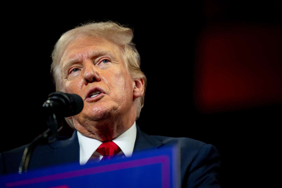 Former President Donald Trump speaks to attendees during his campaign rally at the Bojangles Coliseum on July 24, 2024, in Charlotte, North Carolina.