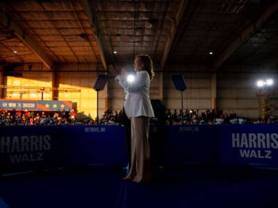 Vice President Kamala Harris stands on stage during a campaign event at Detroit Metropolitan Wayne County Airport on August 7, 2024, in Detroit, Michigan.