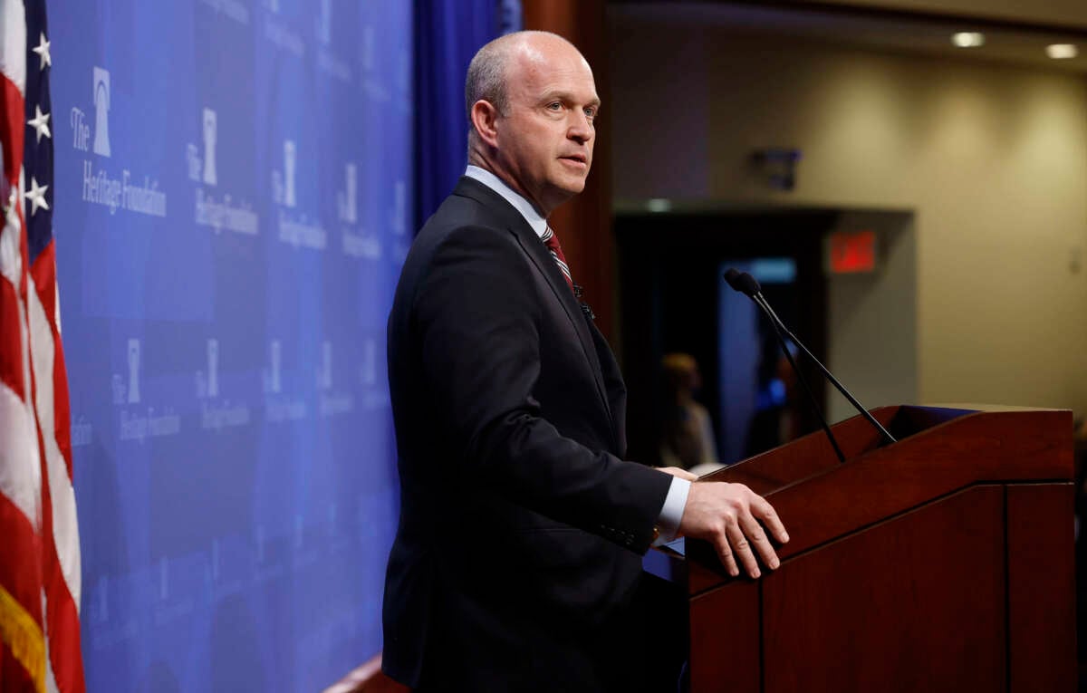 Heritage Foundation President Kevin Roberts introduces former Vice President Mike Pence during an event to promote his new book at the conservative think tank on October 19, 2022, in Washington, D.C.