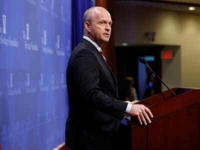 Heritage Foundation President Kevin Roberts introduces former Vice President Mike Pence during an event to promote his new book at the conservative think tank on October 19, 2022, in Washington, D.C.