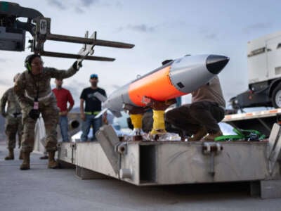 An inert B61-12 nuclear gravity bomb is prepared for testing at Nellis Air Force Base.