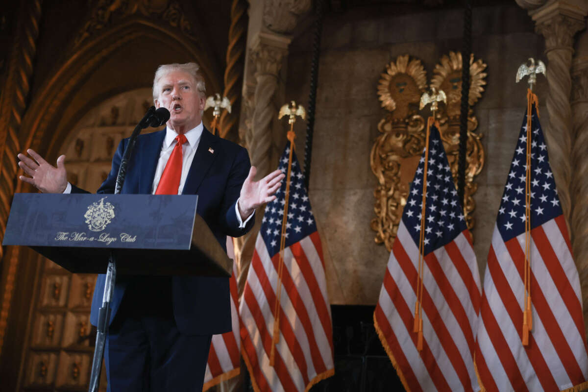 Former President Donald Trump speaks during a press conference at his Mar-a-Lago estate on August 8, 2024, in Palm Beach, Florida.