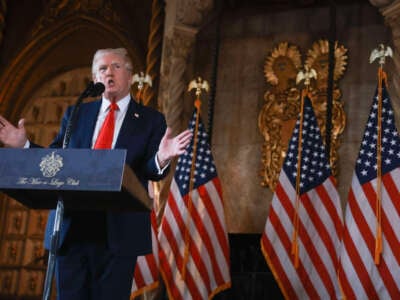 Former President Donald Trump speaks during a press conference at his Mar-a-Lago estate on August 8, 2024, in Palm Beach, Florida.