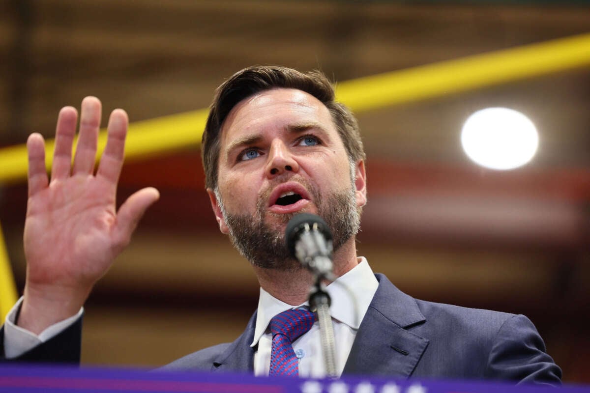 Republican vice presidential candidate, Sen. J.D. Vance speaks at NMC-Wollard Inc. / Wollard International on August 7, 2024, in Eau Claire, Wisconsin.