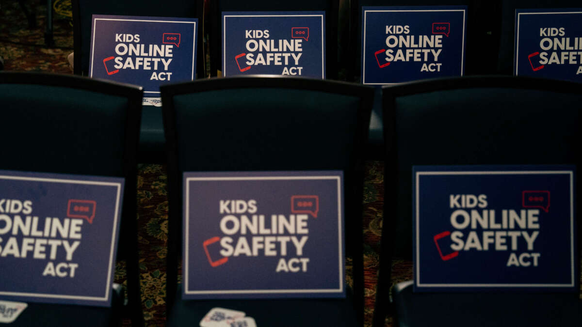 Signs in support of the Kids Online Safety Act are seen on chairs ahead of a news conference at the U.S. Capitol on July 25, 2024, in Washington, D.C.