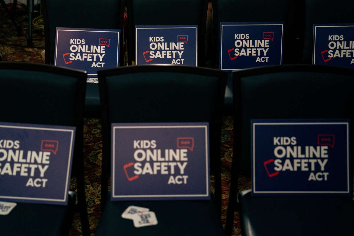 Signs in support of the Kids Online Safety Act are seen on chairs ahead of a news conference at the U.S. Capitol on July 25, 2024, in Washington, D.C.