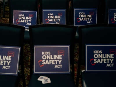 Signs in support of the Kids Online Safety Act are seen on chairs ahead of a news conference at the U.S. Capitol on July 25, 2024, in Washington, D.C.