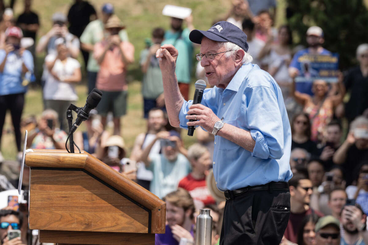 Sen. Bernie Sanders speaks during a rally in the Bronx in support of re-election of Jamaal Bowman for Congress at St. Mary's Park on June 22, 2024.