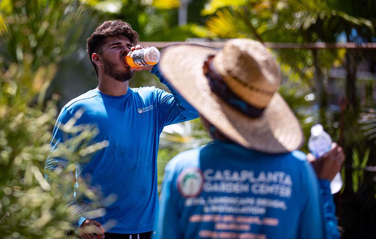 A worker in a blue shirt drinks a gatorade while another worker in the foreground watches