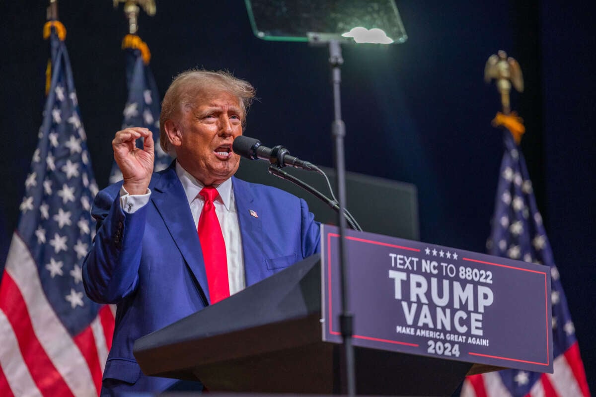 Former President Donald Trump speaks at a campaign event at Harrah's Cherokee Center on August 14, 2024, in Asheville, North Carolina.