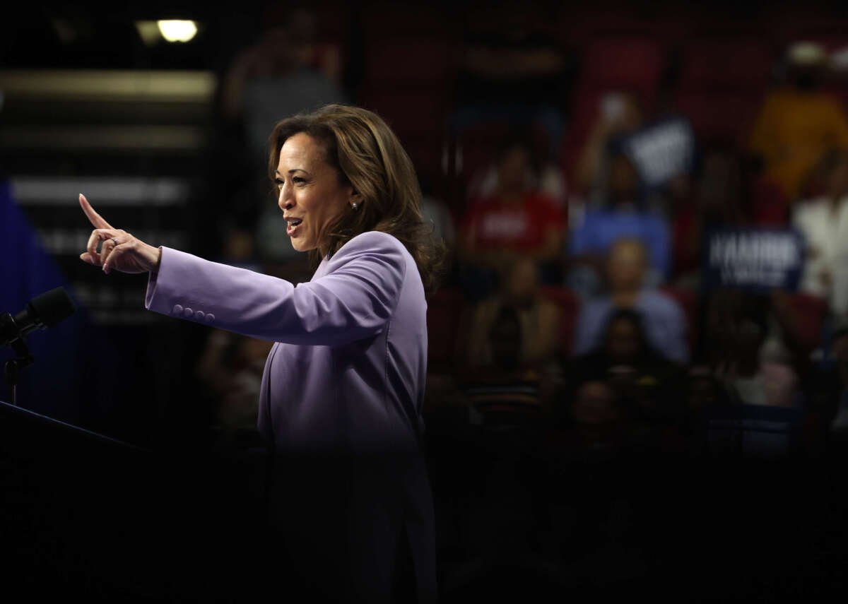 Democratic presidential candidate, Vice President Kamala Harris speaks during a campaign rally at the University of Las Vegas Thomas & Mack Center on August 10, 2024, in Las Vegas, Nevada.