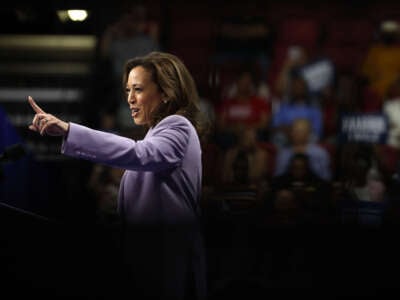 Democratic presidential candidate, Vice President Kamala Harris speaks during a campaign rally at the University of Las Vegas Thomas & Mack Center on August 10, 2024, in Las Vegas, Nevada.