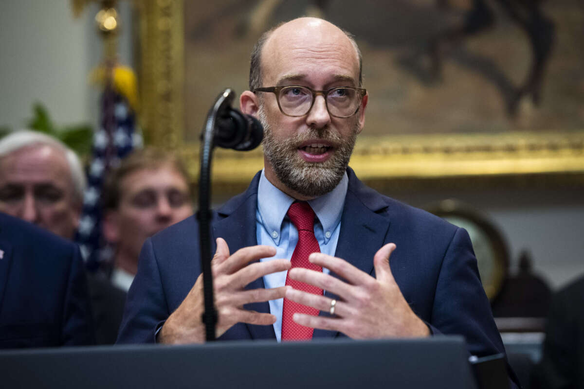 Then-Acting Office of Management and Budget Director Russell Vought speaks during a signing ceremony for Executive Orders on transparency in Federal guidance and enforcement in the Roosevelt Room at the White House on October 9, 2019, in Washington, D.C.