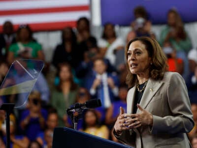 Vice President Kamala Harris gives remarks at Prince George’s Community College on August 15, 2024, in Largo, Maryland.