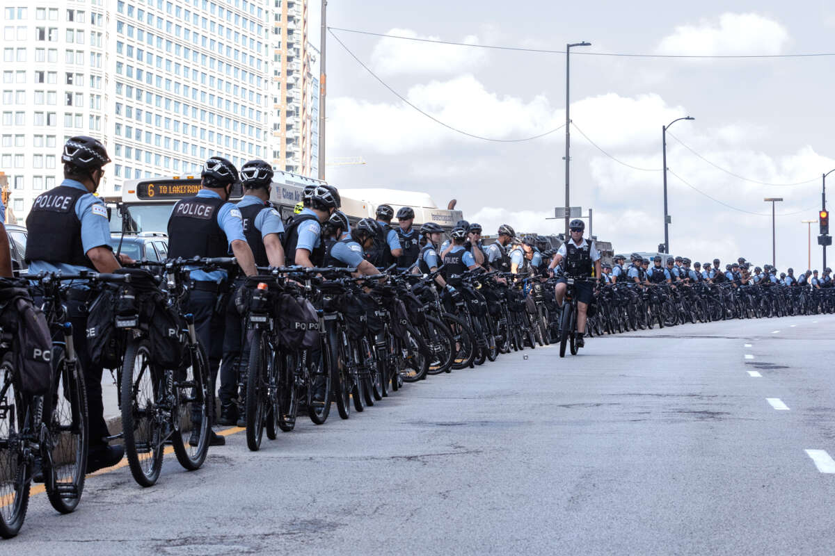 A line of Chicago cops on their cop bikes