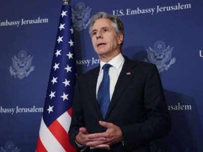 Secretary of State Antony Blinken speaks to members of the press at David Kempinski Hotel in Tel Aviv on August 19, 2024.