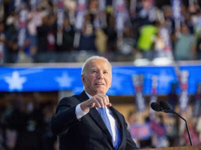 President Joe Biden greets the crowd during the 2024 Democratic National Convention in Chicago, Illinois, on August 19, 2024.