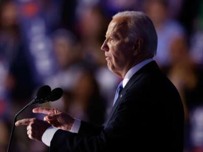 President Joe Biden speaks onstage during the first day of the Democratic National Convention at the United Center on August 19, 2024, in Chicago, Illinois.