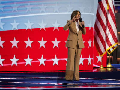 Democratic presidential candidate, Vice President Kamala Harris speaks onstage during the first day of the Democratic National Convention at the United Center on August 19, 2024, in Chicago, Illinois.