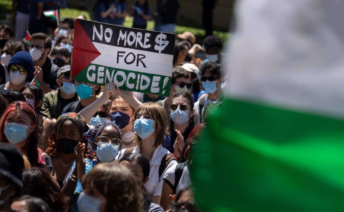 Pro-Palestinian demonstrators hold a student-faculty rally at Dickson Plaza at an encampment on the UCLA campus on April 29, 2024, in Los Angeles, California.