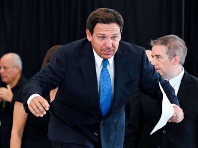 Florida Governor Ron DeSantis arrives for a news conference at Chase Stadium in Fort Lauderdale, Florida, on August 8, 2024.