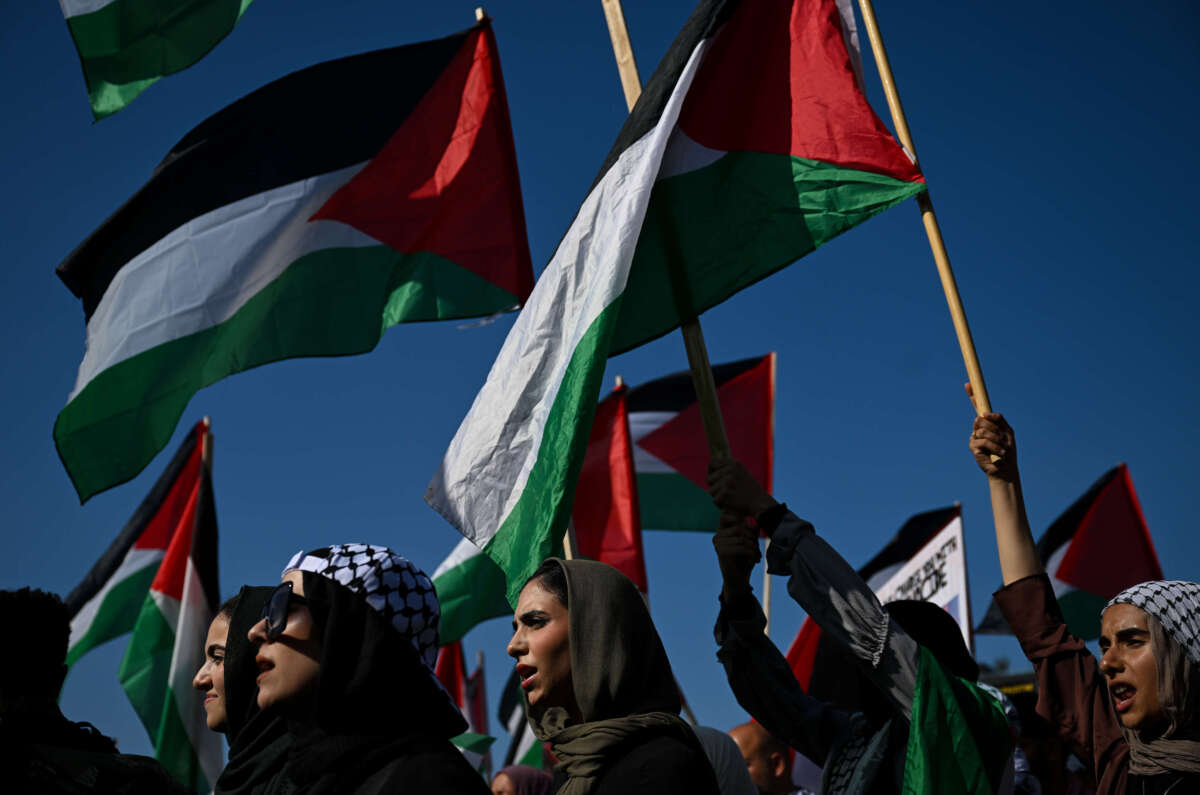 Pro-Palestinian demonstrators protest at Union Park as the Democratic National Convention takes place on August 21, 2024, in Chicago, Illinois.